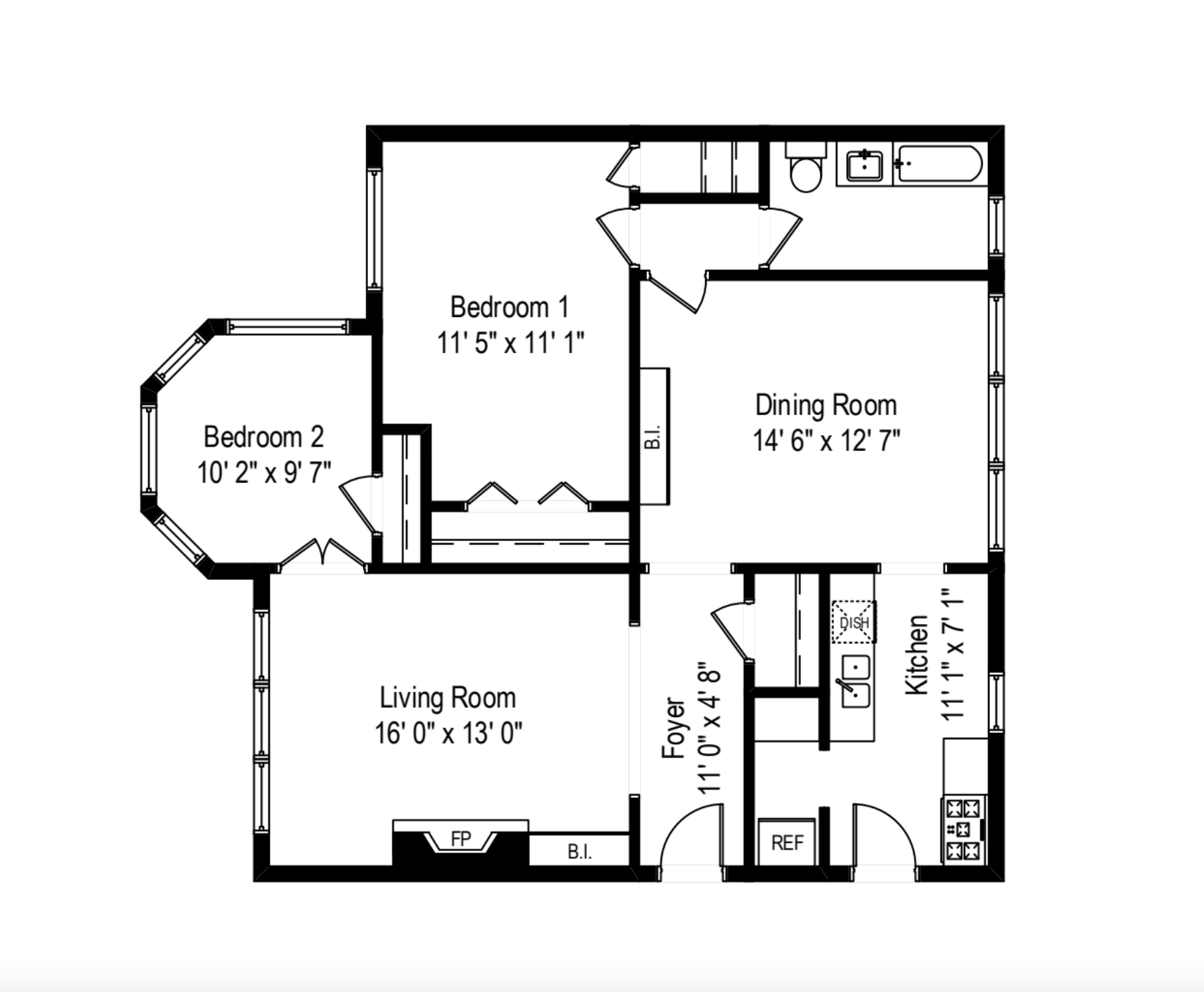 Floor plan for 2 beds, 1 bath, 1135 sqft